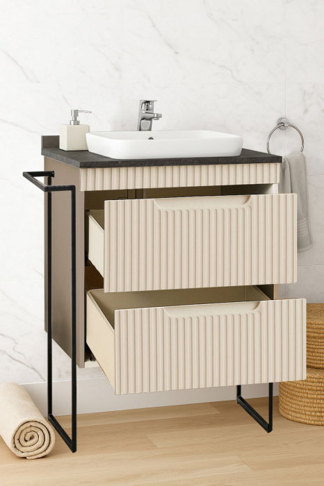 Set Baza front MDF si Lavoar seria 633, cu sertare, cadru metalic, montat, 60 cm, crem [2]