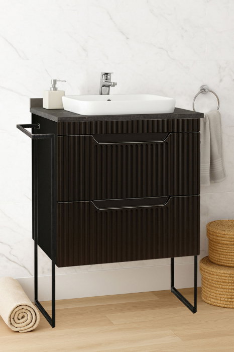 Set Baza front MDF si Lavoar seria 633, cu sertare, cadru metalic, montat, 60 cm, negru