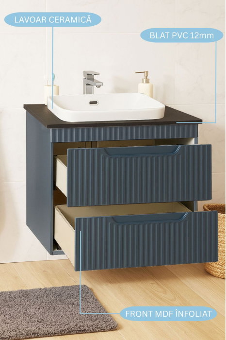 Set Baza front MDF si Lavoar seria 633, suspendata, cu sertare, montat, 60 cm, antracit [2]