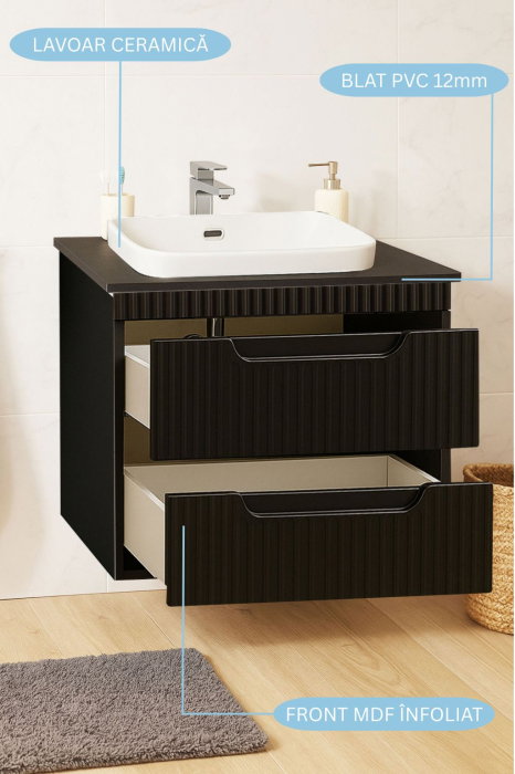 Set Baza front MDF si Lavoar seria 633, suspendata, cu sertare, montat, 60 cm, negru [2]