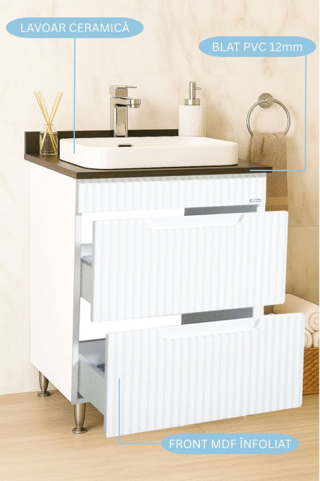Set Baza front MDF si Lavoar seria 633, cu sertare, 60 cm, alb rustic [2]