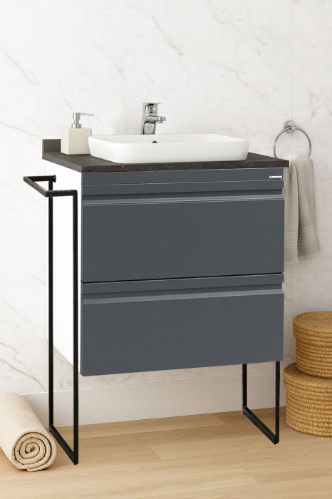 Set Baza front MDF si Lavoar seria 686, cu sertare, cadru metalic, 60 cm, antracit