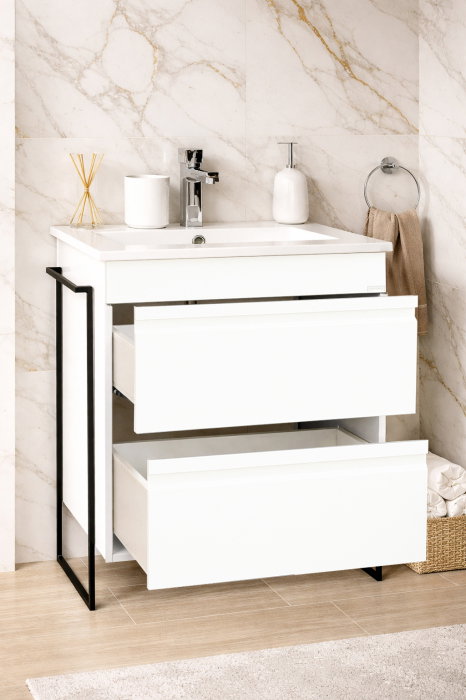 Set Baza front MDF si Lavoar seria 086, cadru metalic, cu sertare, 60 cm, alb [2]