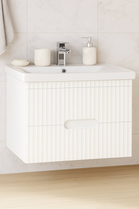 Set Baza front MDF si Lavoar seria 709, suspendata, cu sertare, 80 cm, alb