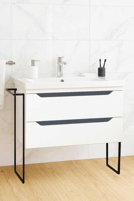 Set Baza front MDF si Lavoar seria 756, cu sertare, cadru metalic, 80 cm, alb + antracit