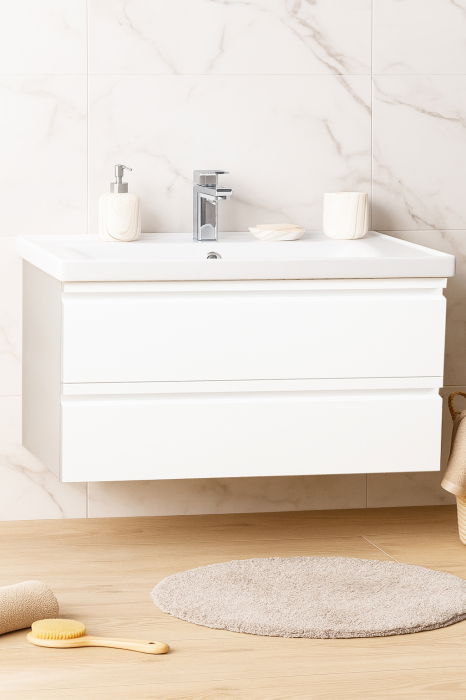 Set Baza front MDF si Lavoar seria 786, suspendata cu sertare, 100 cm, alb