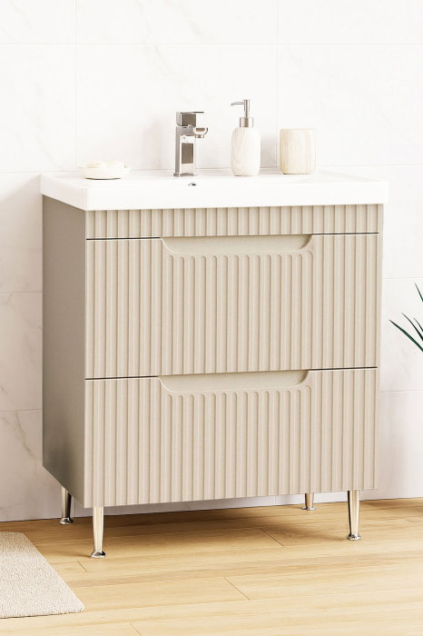 Set Baza front MDF si Lavoar seria 733, cu sertare, montat, 70 cm, crem