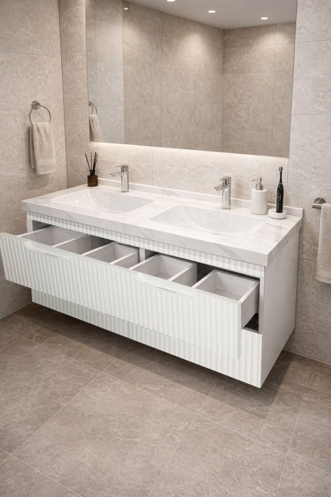 Set Baza front MDF si Lavoar seria 833, suspendata, cu sertare, montat, 120 cm, alb rustic [2]