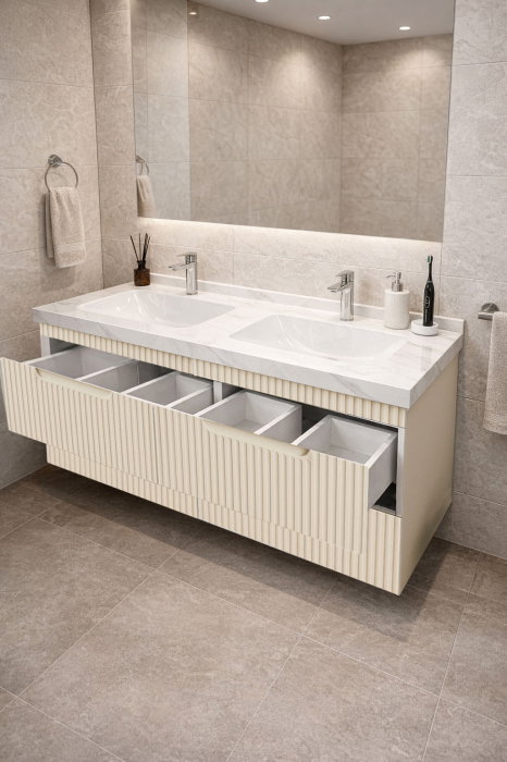 Set Baza front MDF si Lavoar seria 833, suspendata, cu sertare, montat, 120 cm, crem [2]