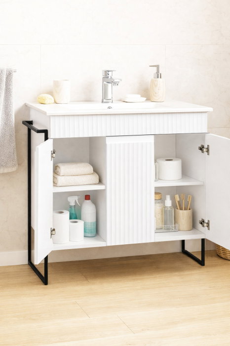 Set Baza front MDF si Lavoar seria 033, cadru metalic, montata, 80 cm, alb rustic [2]