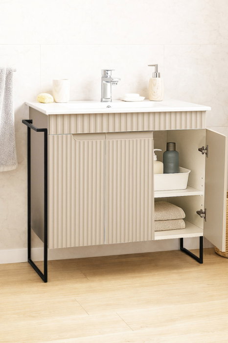 Set Baza front MDF si Lavoar seria 033, cadru metalic, montata, 80 cm, crem [2]