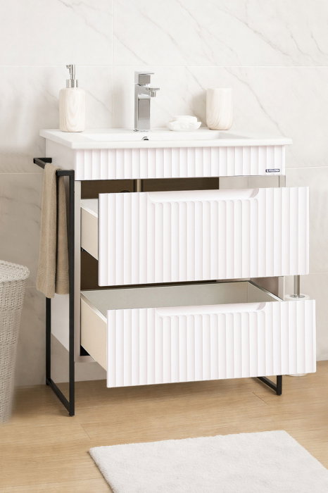Set Baza front MDF si Lavoar seria 033, cadru metalic, cu sertare, montata, 60 cm, alb rustic [2]
