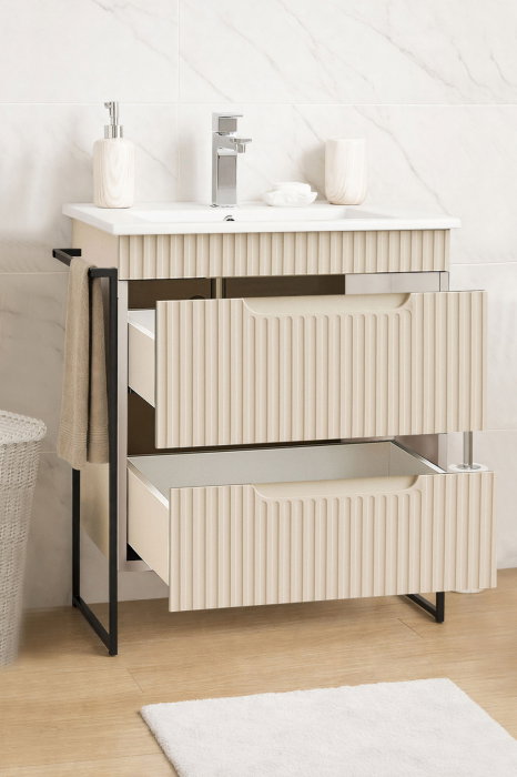 Set Baza front MDF si Lavoar seria 033, cadru metalic, cu sertare, montata, 60 cm, crem [2]