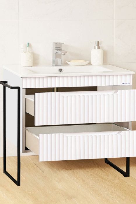 Set Baza front MDF si Lavoar seria 033, cadru metalic, cu sertare, montata, 80 cm, alb rustic [2]