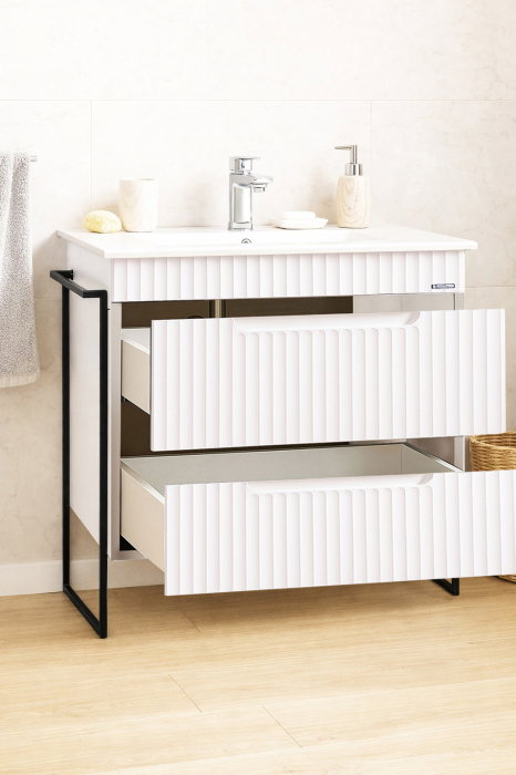 Set Baza front MDF si Lavoar seria 033, cadru metalic, sertare, montata, 80 cm, alb rustic [2]