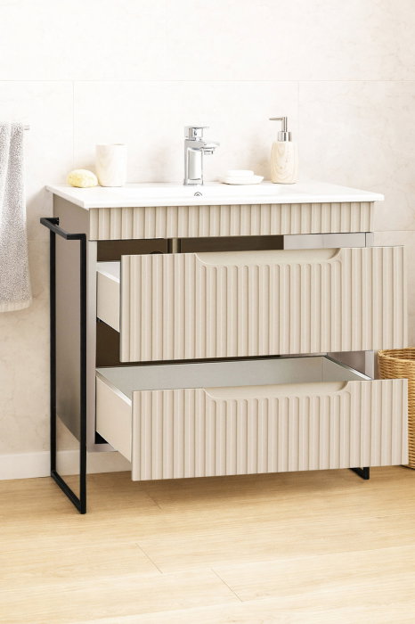 Set Baza front MDF si Lavoar seria 033, cadru metalic, cu sertare, montata, 80 cm, crem [2]