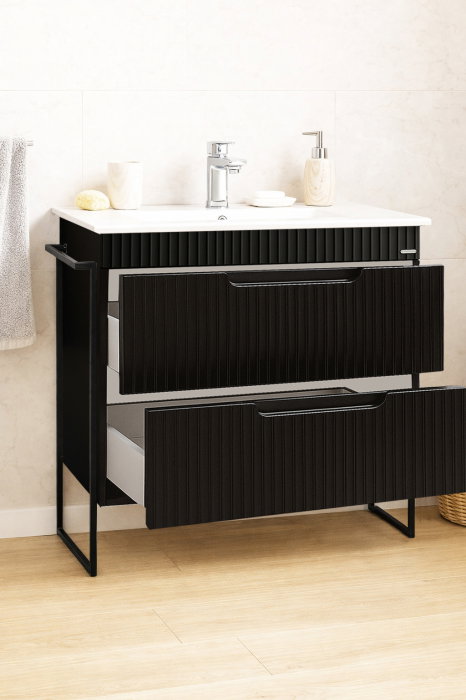Set Baza front MDF si Lavoar seria 033, cadru metalic, cu sertare, montata, 80 cm, negru [2]