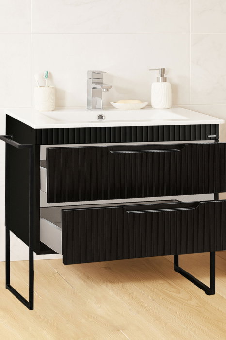 Set Baza front MDF si Lavoar seria 033, cadru metalic, sertare, montata, 80 cm, negru [2]
