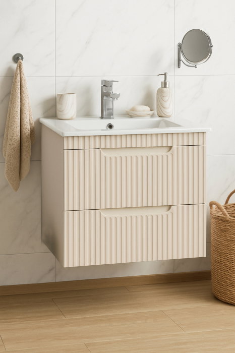 Set Baza front MDF si Lavoar seria 033, suspendata, cu sertare, montat, 60 cm, crem