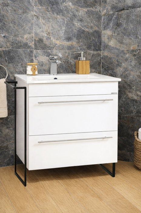 Set Baza front MDF si Lavoar seria 054, cadru metalic, cu sertare, montata, 70 cm, alb [1]