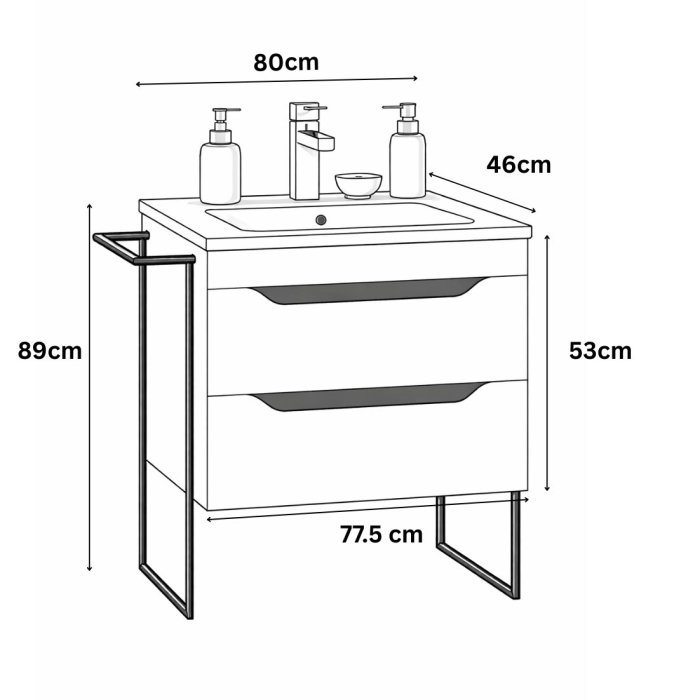 Set Baza front MDF si Lavoar seria 056, cu sertare, cadru metalic, montat, 80 cm, alb + antracit [7]