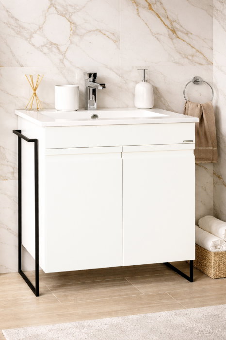 Set Baza front MDF si Lavoar seria 086, cadru metalic, montata, 70 cm, alb [1]