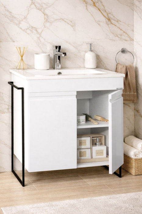 Set Baza front MDF si Lavoar seria 086, cadru metalic, montata, 70 cm, alb [2]
