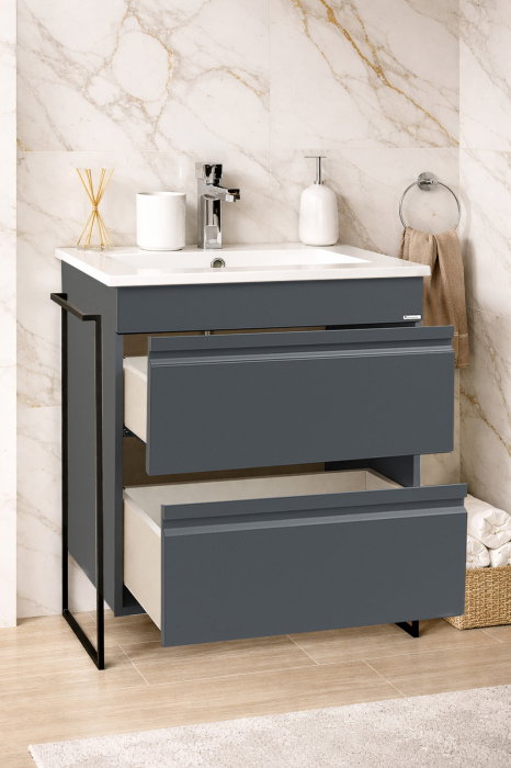 Set Baza front MDF si Lavoar seria 086, cadru metalic, cu sertare, montata, 60 cm, antracit [2]