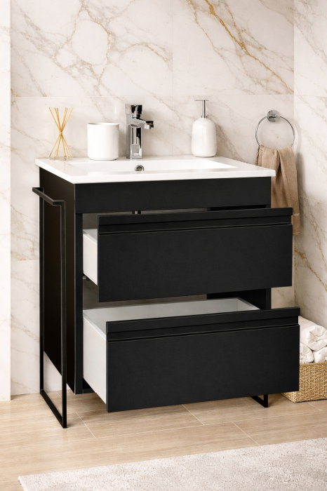 Set Baza front MDF si Lavoar seria 086, cadru metalic, cu sertare, montata, 60 cm, negru [2]