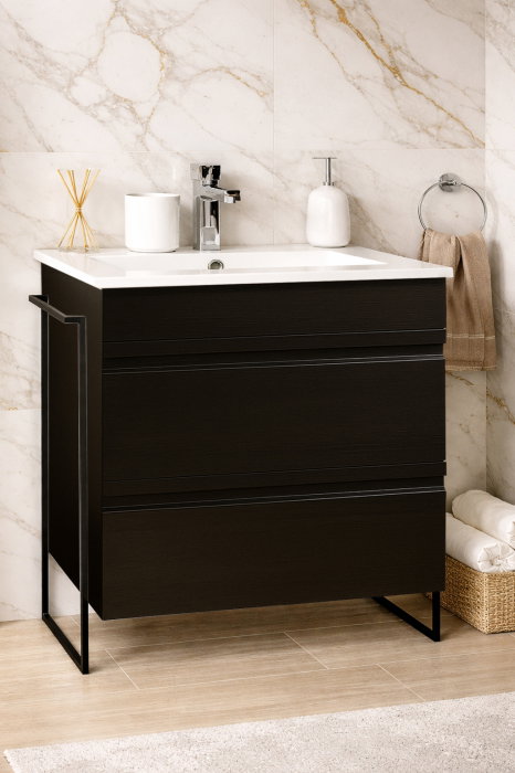 Set Baza front MDF si Lavoar seria 086, cadru metalic, cu sertare, montata, 70 cm, negru [1]