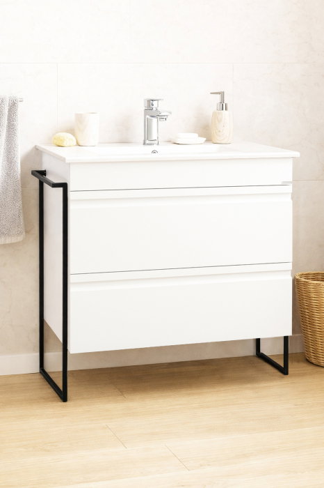 Set Baza front MDF si Lavoar seria 086, cadru metalic, cu sertare, montata, 80 cm, alb [1]