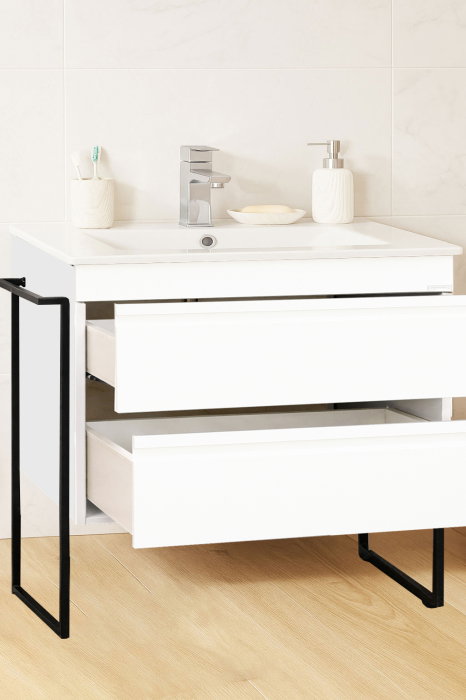 Set Baza front MDF si Lavoar seria 086, cadru metalic, sertare, montata, 80 cm, alb [2]