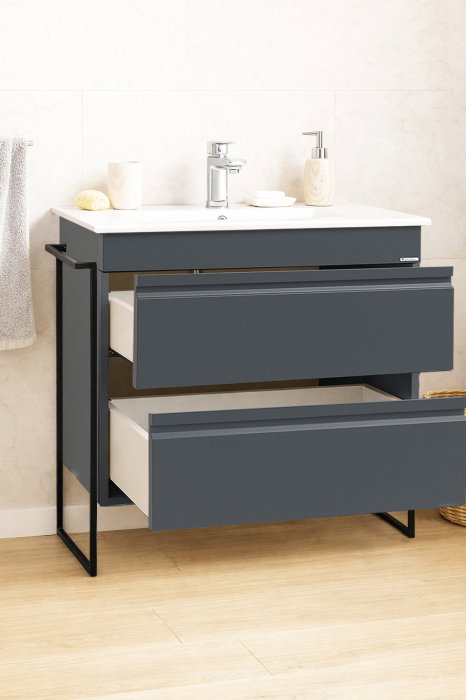 Set Baza front MDF si Lavoar seria 086, cadru metalic, cu sertare, montata, 80 cm, antracit [2]
