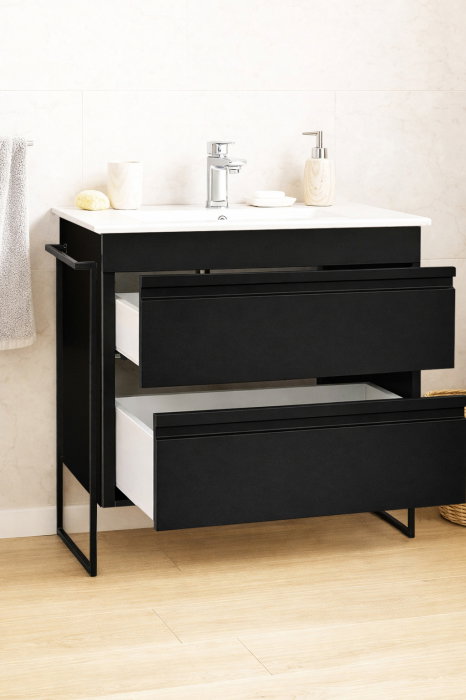 Set Baza front MDF si Lavoar seria 086, cadru metalic, cu sertare, montata, 80 cm, negru [2]