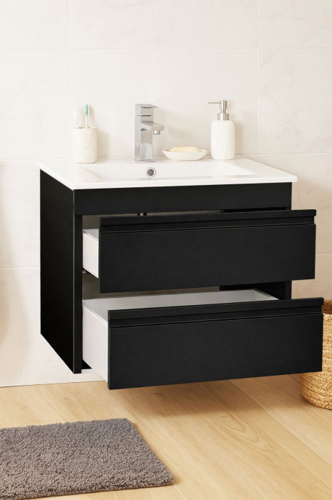 Set Baza front MDF si Lavoar seria 086, suspendata, cu sertare, montat, 60 cm, negru [2]