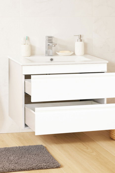 Set Baza front MDF si Lavoar seria 086, suspendata, cu sertare, montat, 70 cm, alb [2]