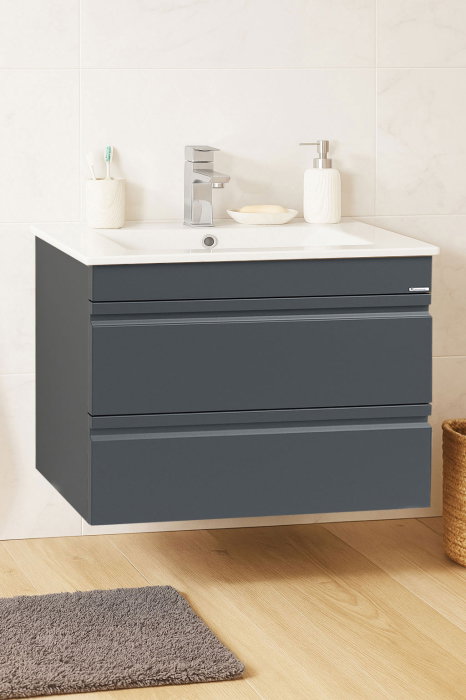 Set Baza front MDF si Lavoar seria 086, suspendata, cu sertare, montat, 70 cm, antracit