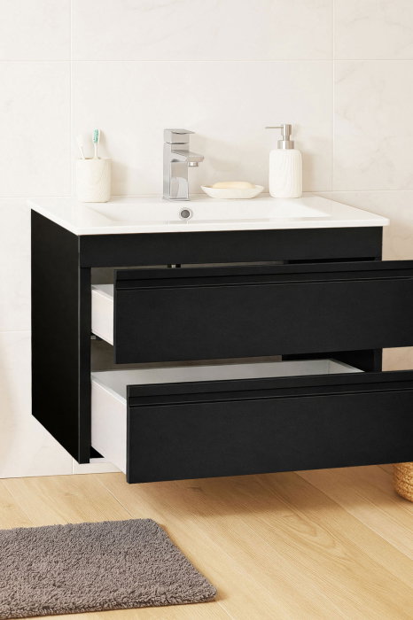 Set Baza front MDF si Lavoar seria 086, suspendata, cu sertare, montat, 70 cm, negru [2]