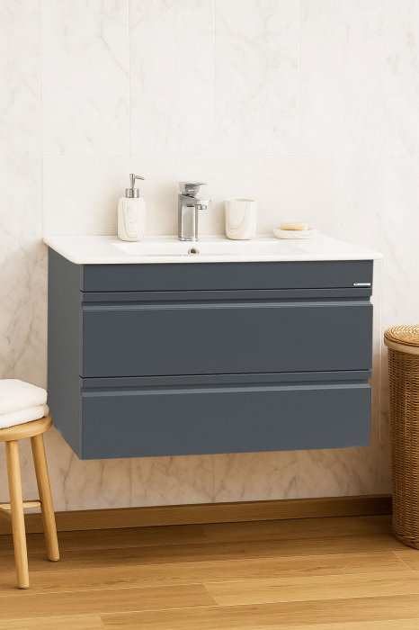 Set Baza front MDF si Lavoar seria 086, suspendata, cu sertare, montat, 80 cm, antracit