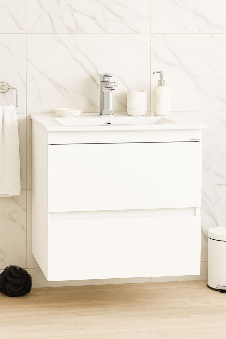 Set Baza front MDF si Lavoar seria 386, cu sertare, cadru metalic, montat, 60 cm, alb [2]