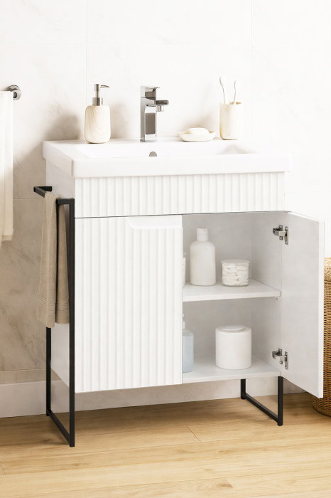 Set Baza front MDF si Lavoar seria 733, cadru metalic, montata, 60 cm, alb rustic [2]