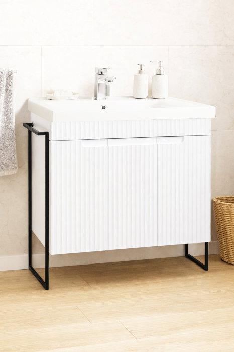 Set Baza front MDF si Lavoar seria 733, cadru metalic, montata, 80 cm, alb rustic [1]