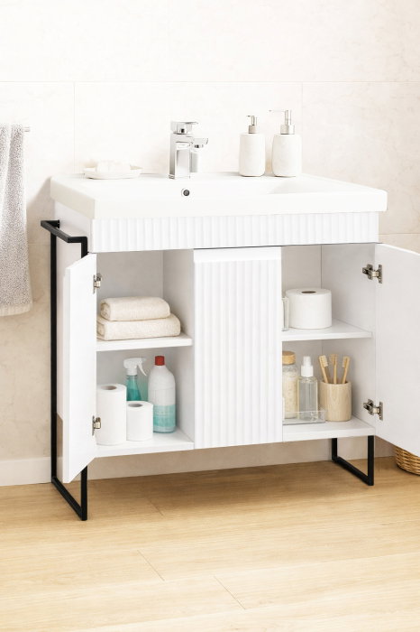 Set Baza front MDF si Lavoar seria 733, cadru metalic, montata, 80 cm, alb rustic [2]