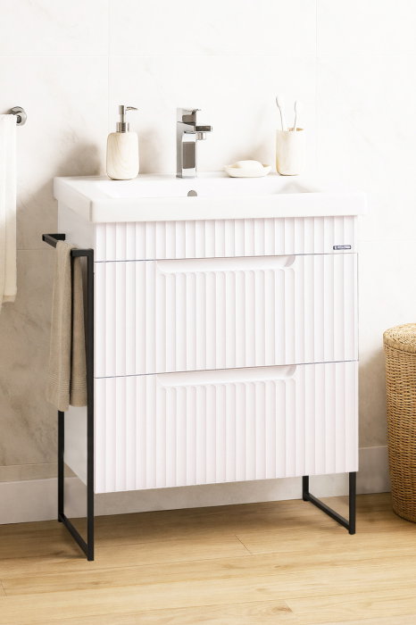 Set Baza front MDF si Lavoar seria 733, cadru metalic, cu sertare, montata, 60 cm, alb rustic [1]