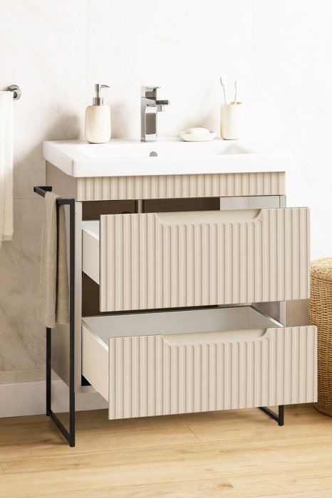 Set Baza front MDF si Lavoar seria 733, cadru metalic, cu sertare, montata, 60 cm, crem [2]