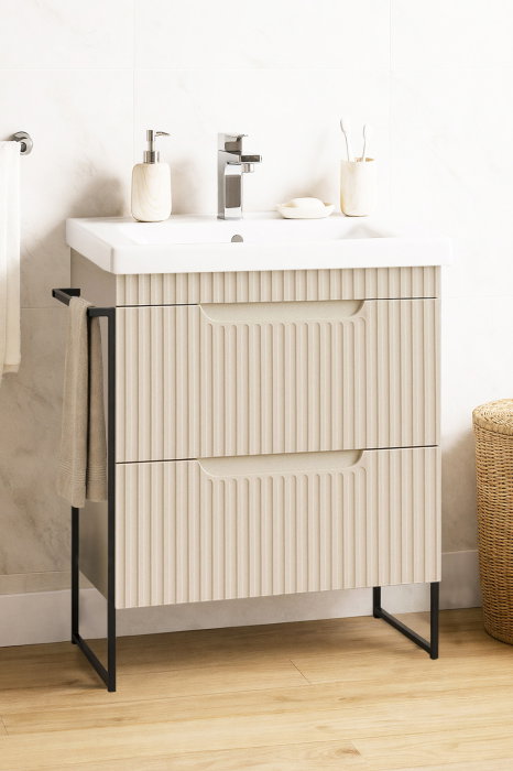 Set Baza front MDF si Lavoar seria 733, cadru metalic, cu sertare, montata, 60 cm, crem
