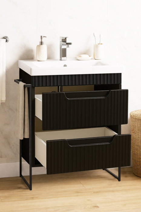 Set Baza front MDF si Lavoar seria 733, cadru metalic, cu sertare, montata, 60 cm, negru [2]