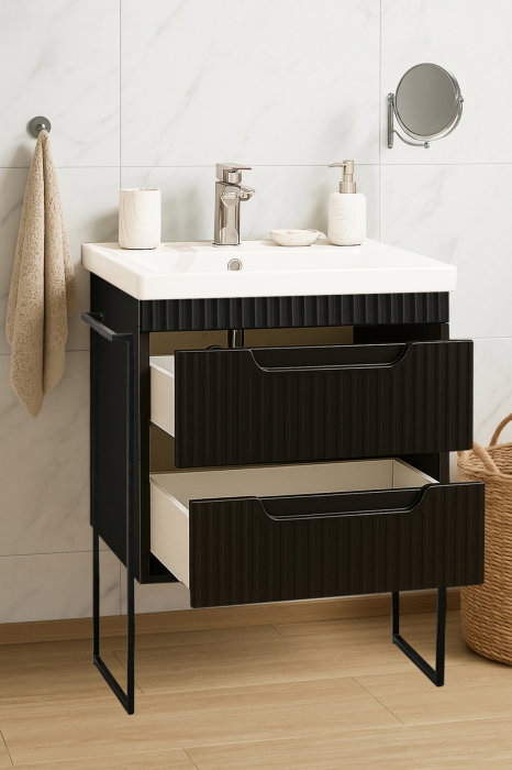 Set Baza front MDF si Lavoar seria 733, cadru metalic, sertare, montata, 60 cm, negru [2]