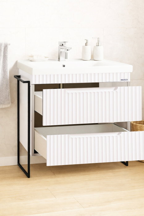 Set Baza front MDF si Lavoar seria 733, cadru metalic, cu sertare, montata, 80 cm, alb rustic [2]