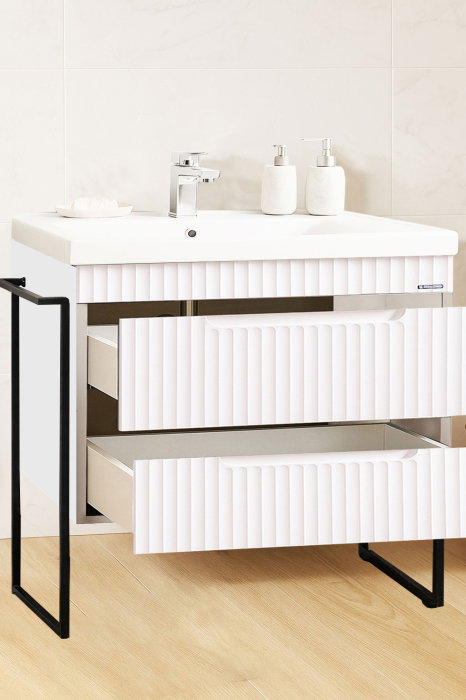 Set Baza front MDF si Lavoar seria 733, cadru metalic, sertare, montata, 80 cm, alb rustic [2]
